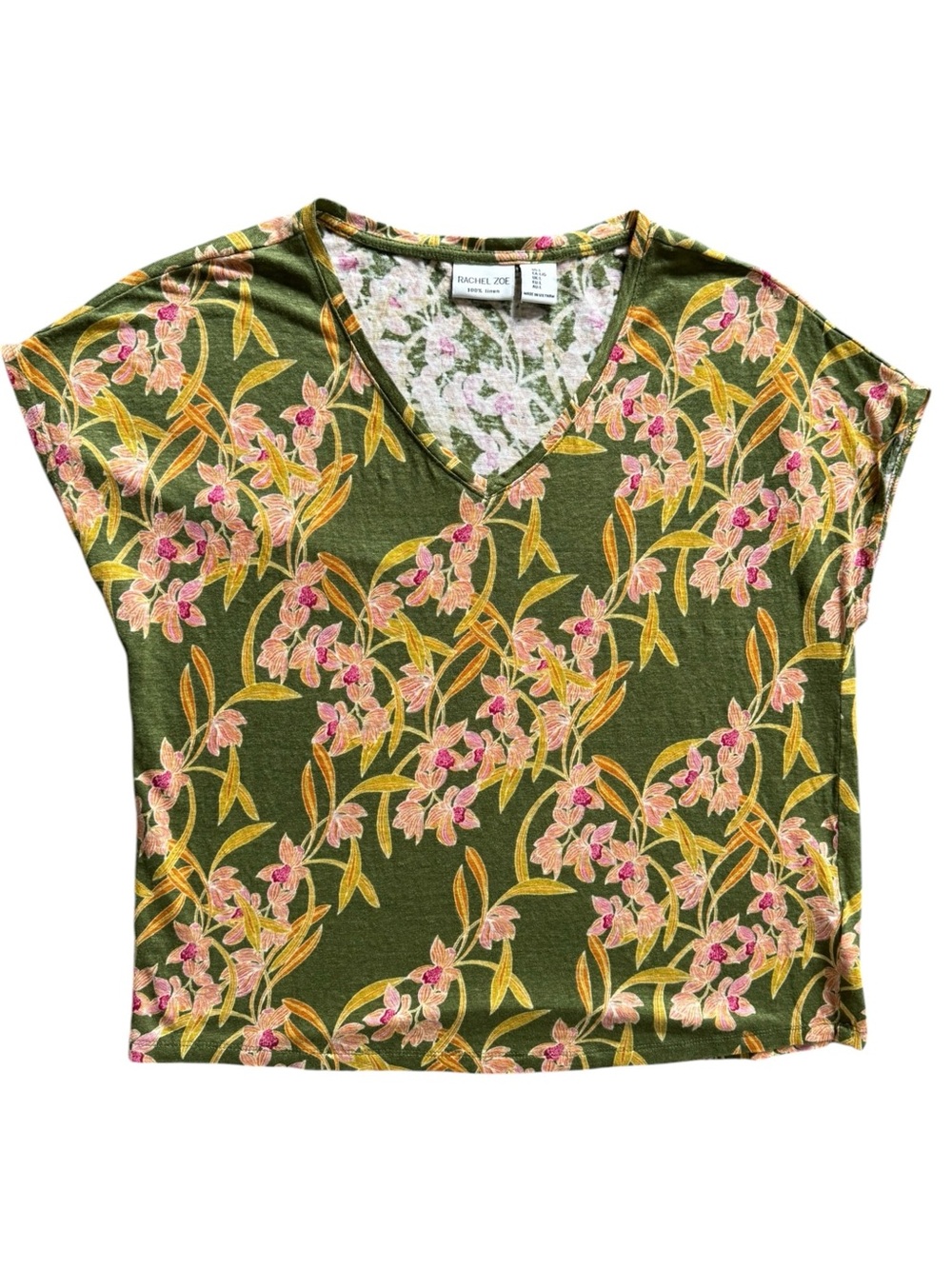 NWOT Rachel Zoe 100% Linen Floral V-Neck Top Olive Green Size L
